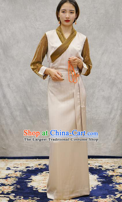 China Tibetan Ethnic Female Beige Dress Zang Nationality Bola Clothing