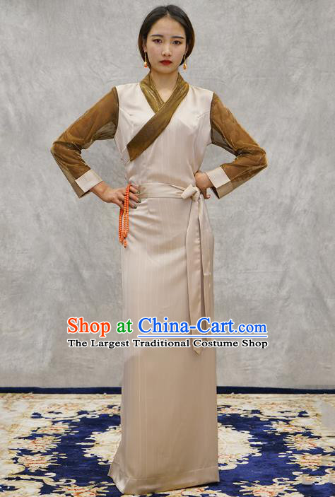 China Tibetan Ethnic Female Beige Dress Zang Nationality Bola Clothing