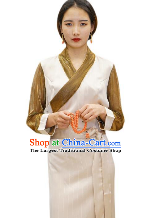 China Tibetan Ethnic Female Beige Dress Zang Nationality Bola Clothing