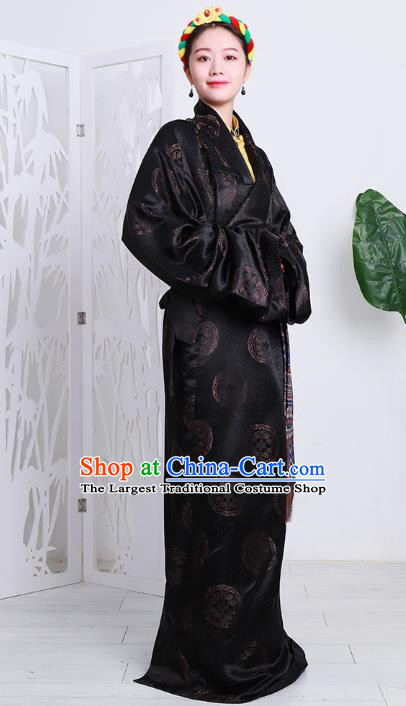 Chinese Black Brocade Tibetan Robe Zang Nationality Woman Clothing Minority Stage Performance Costume