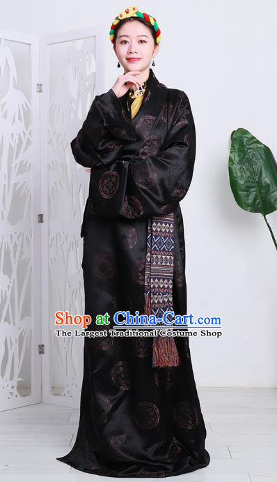Chinese Black Brocade Tibetan Robe Zang Nationality Woman Clothing Minority Stage Performance Costume