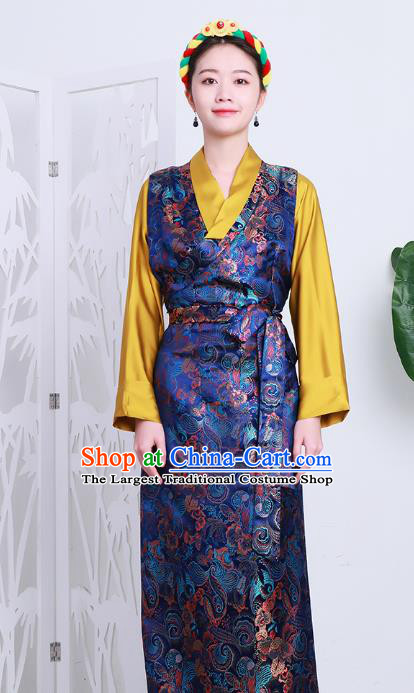 Chinese Royalblue Brocade Bola Dress Zang Nationality Woman Clothing Tibetan Minority Costume