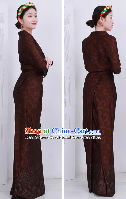 Chinese Zang Nationality Woman Clothing Tibetan Minority Rust Red Bola Dress Costume
