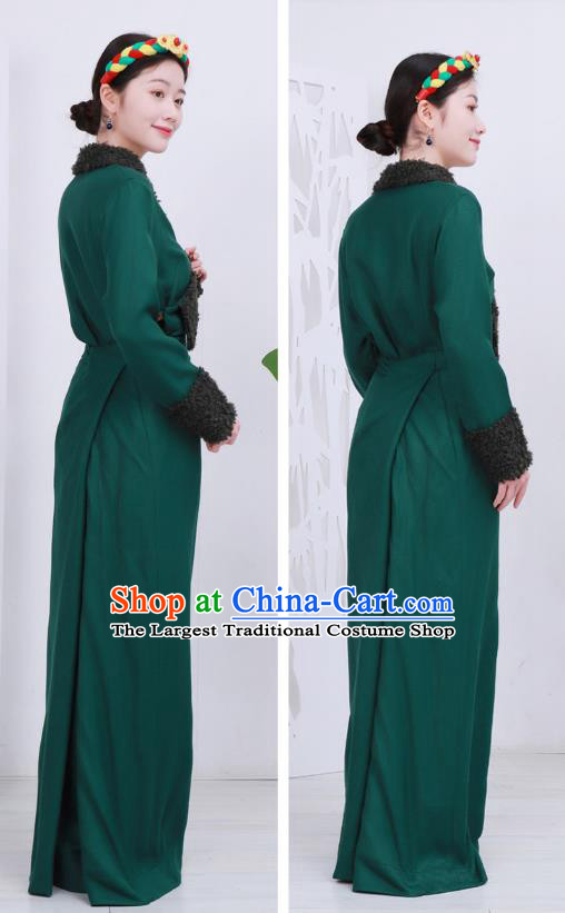 Chinese Tibetan Minority Green Woolen Bola Dress Costume Zang Nationality Woman Winter Clothing