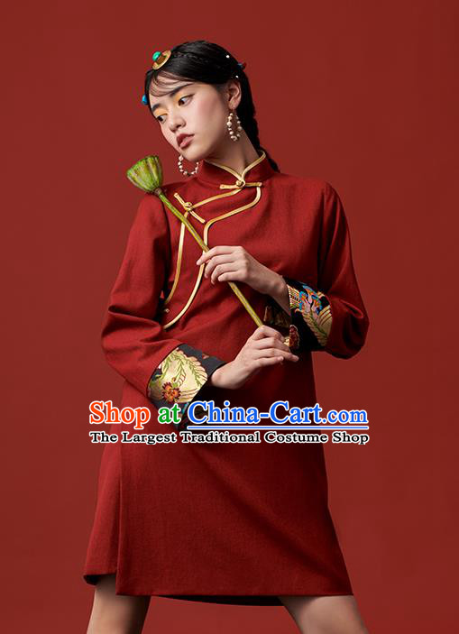 China Zang Nationality Red Dress Clothing Tibetan Ethnic Young Lady Costume