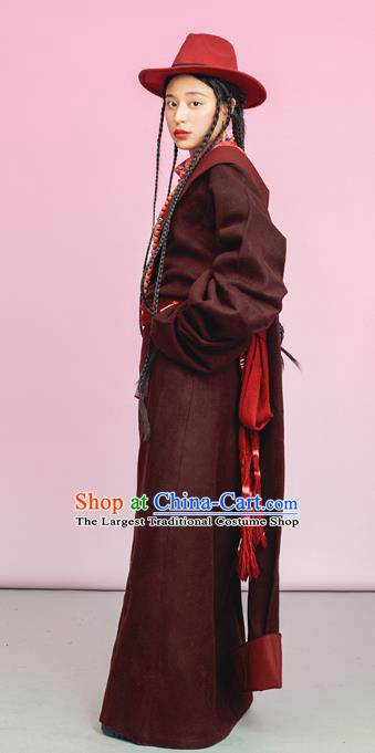 China Tibetan Ethnic Woolen Robe Costume Zang Nationality Folk Dance Clothing