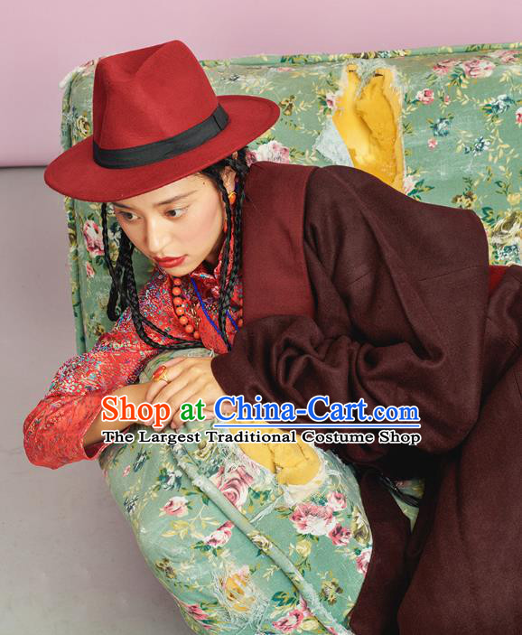 China Tibetan Ethnic Woolen Robe Costume Zang Nationality Folk Dance Clothing