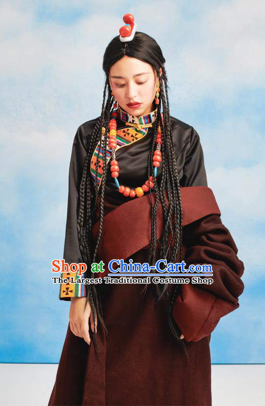 China Tibetan Ethnic Woolen Robe Costume Zang Nationality Folk Dance Clothing