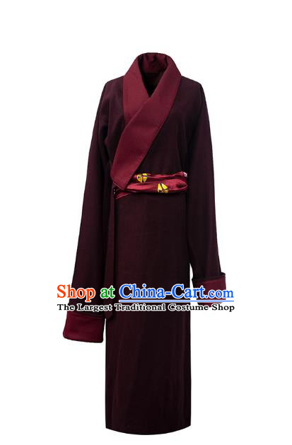 China Tibetan Ethnic Woolen Robe Costume Zang Nationality Folk Dance Clothing