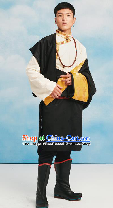 Chinese Tibetan Minority Black Brocade Robe Costume Zang Nationality Folk Dance Clothing for Men