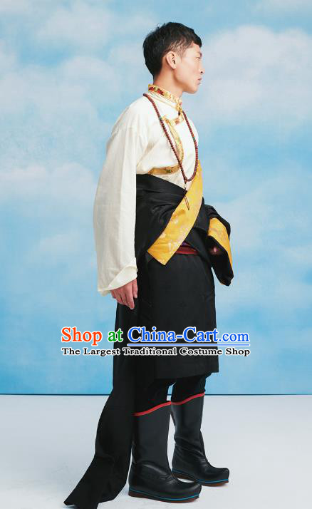 Chinese Tibetan Minority Black Brocade Robe Costume Zang Nationality Folk Dance Clothing for Men
