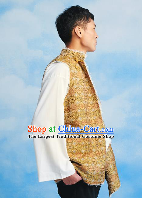 Chinese Zang Nationality Waistcoat Clothing Tibetan Ethnic Male Yellow Brocade Vest