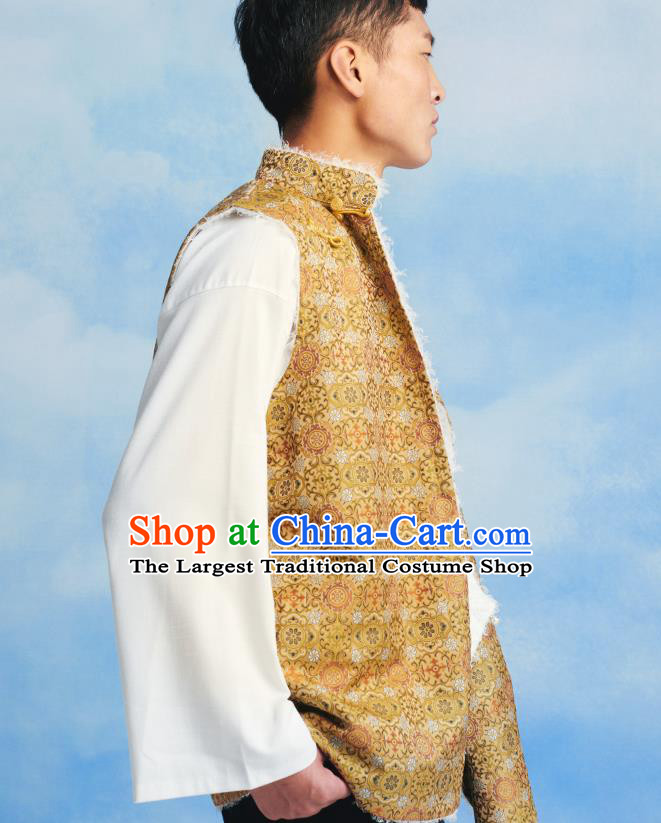 Chinese Zang Nationality Waistcoat Clothing Tibetan Ethnic Male Yellow Brocade Vest