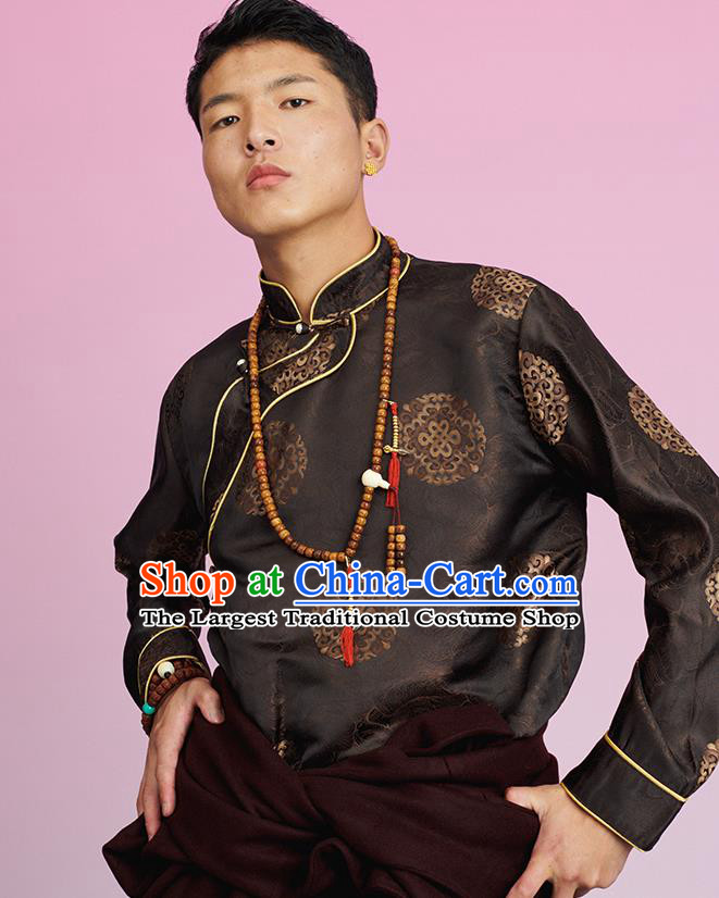 Chinese Tibetan Ethnic Male Deep Brown Brocade Shirt Zang Nationality Upper Outer Garment Clothing