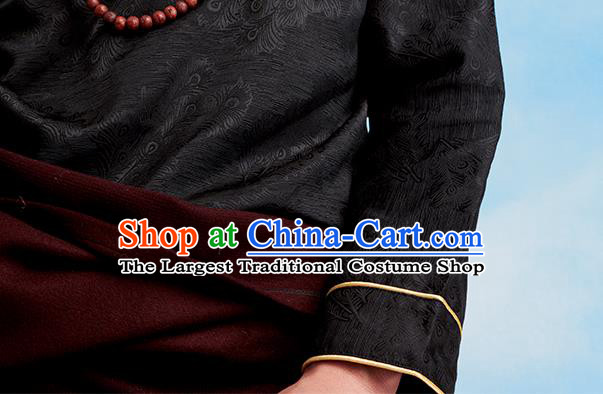 Chinese Zang Nationality Upper Outer Garment Clothing Tibetan Ethnic Black Brocade Shirt for Men