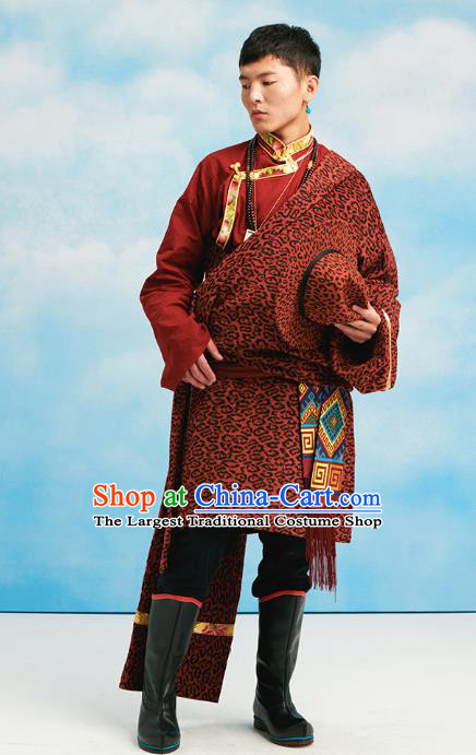 Chinese Zang Nationality Winter Outer Garment Clothing Tibetan Ethnic Red Woolen Leopard Robe