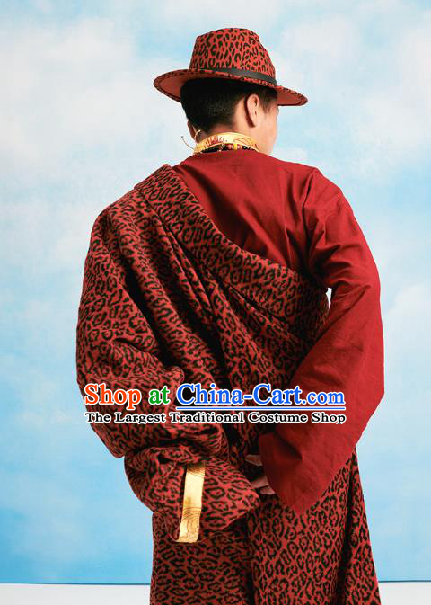 Chinese Zang Nationality Winter Outer Garment Clothing Tibetan Ethnic Red Woolen Leopard Robe