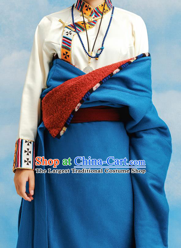China Tibetan Ethnic Blue Robe Costume Zang Nationality Woman Folk Dance Clothing
