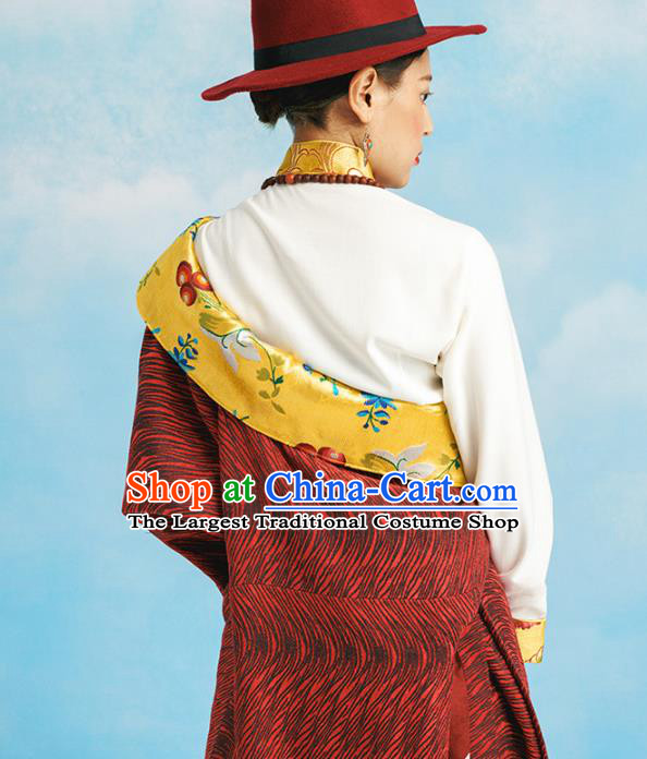 China Zang Nationality Kangba Clothing Tibetan Ethnic Dark Red Robe Costume