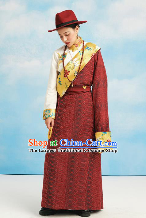 China Zang Nationality Kangba Clothing Tibetan Ethnic Dark Red Robe Costume