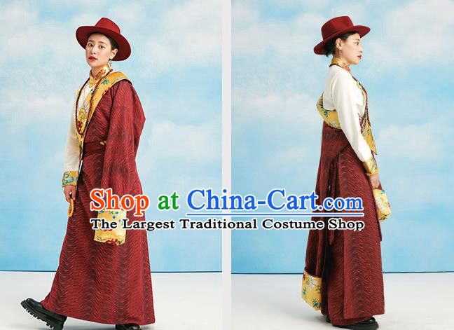 China Zang Nationality Kangba Clothing Tibetan Ethnic Dark Red Robe Costume