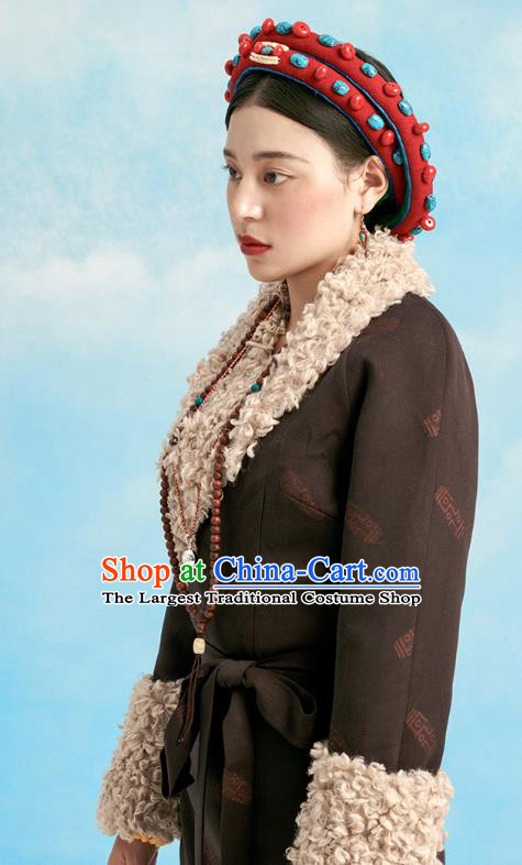 China Tibetan Ethnic Folk Dance Winter Costume Zang Nationality Deep Brown Bola Robe Clothing