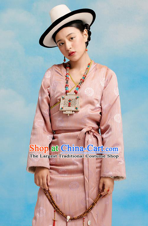 China Zang Nationality Pink Bola Dress Clothing Tibetan Ethnic Folk Dance Costume