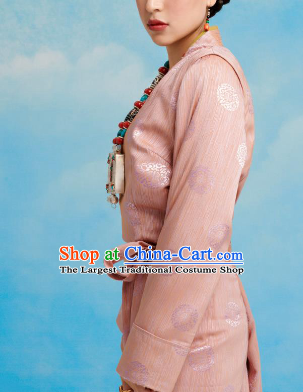 China Zang Nationality Pink Bola Dress Clothing Tibetan Ethnic Folk Dance Costume