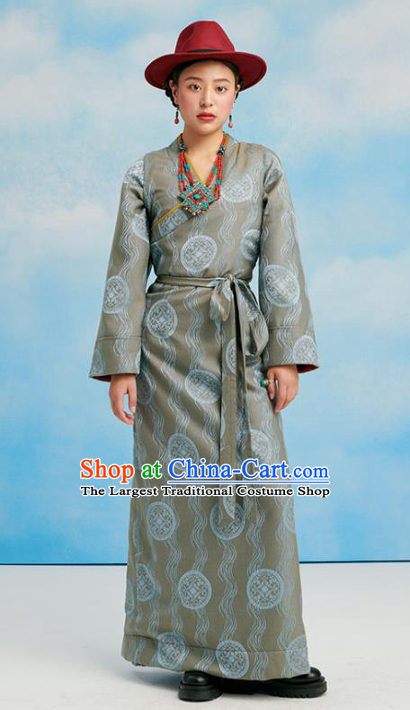 China Tibetan Ethnic Stage Performance Costume Zang Nationality Grey Bola Dress Clothing