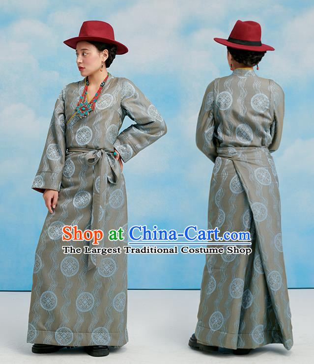 China Tibetan Ethnic Stage Performance Costume Zang Nationality Grey Bola Dress Clothing