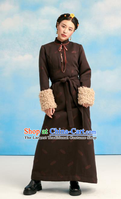 China Zang Nationality Deep Brown Bola Dress Clothing Tibetan Ethnic Stage Performance Costume