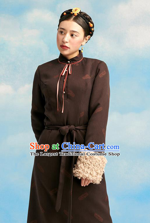 China Zang Nationality Deep Brown Bola Dress Clothing Tibetan Ethnic Stage Performance Costume
