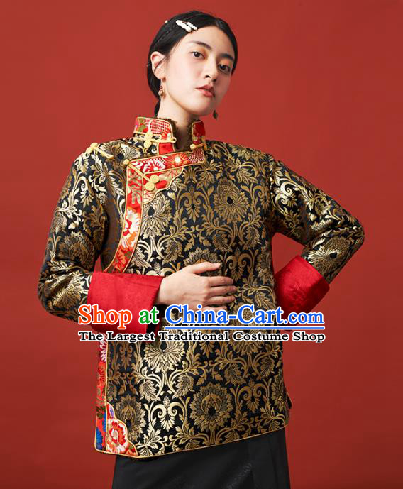 Chinese Zang Nationality Outer Garment Clothing Tibetan Ethnic Black Brocade Jacket