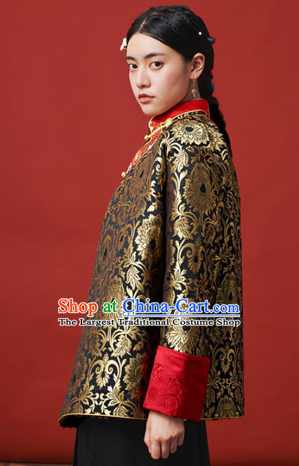 Chinese Zang Nationality Outer Garment Clothing Tibetan Ethnic Black Brocade Jacket