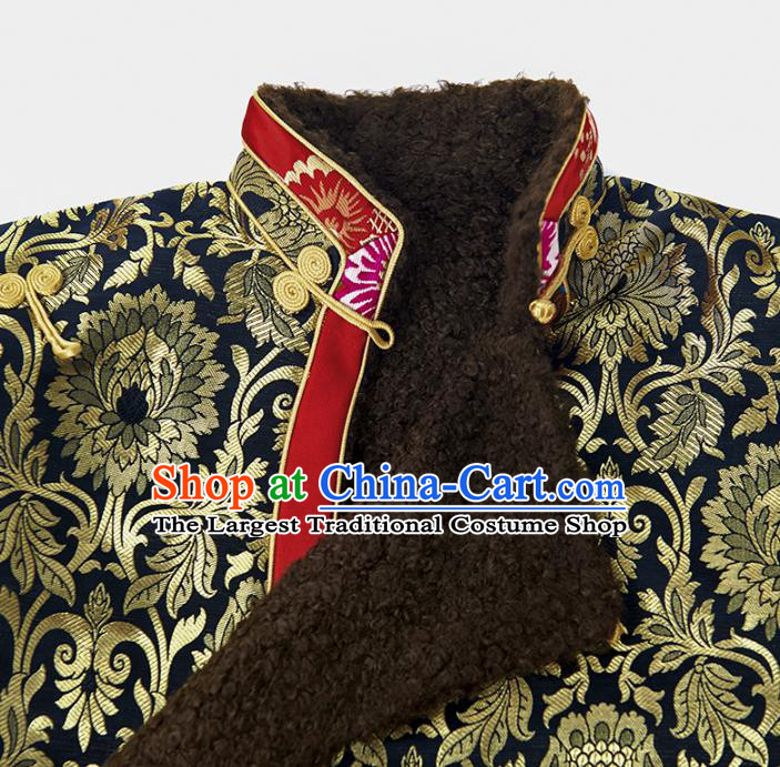 Chinese Zang Nationality Outer Garment Clothing Tibetan Ethnic Black Brocade Jacket
