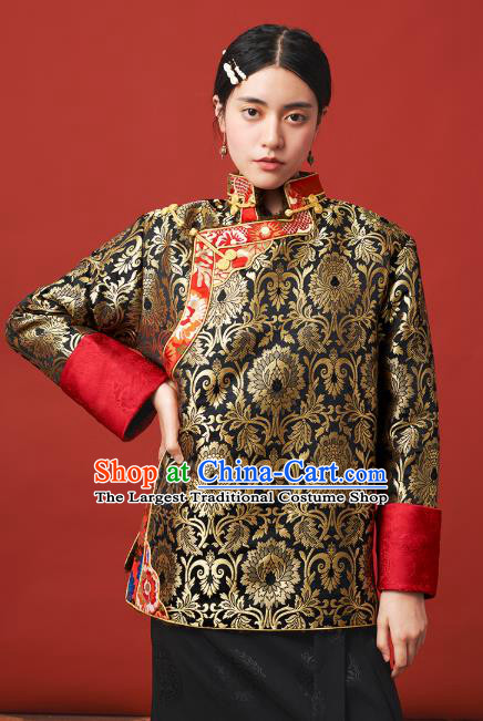 Chinese Zang Nationality Outer Garment Clothing Tibetan Ethnic Black Brocade Jacket