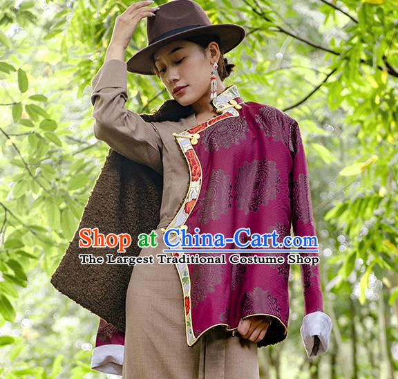 Chinese Tibetan Ethnic Purple Brocade Jacket Zang Nationality Outer Garment Clothing