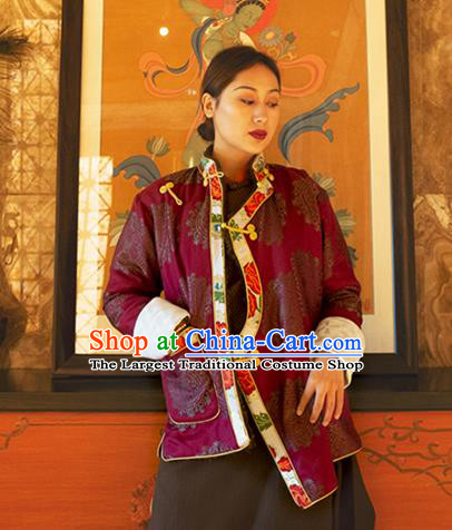 Chinese Tibetan Ethnic Purple Brocade Jacket Zang Nationality Outer Garment Clothing
