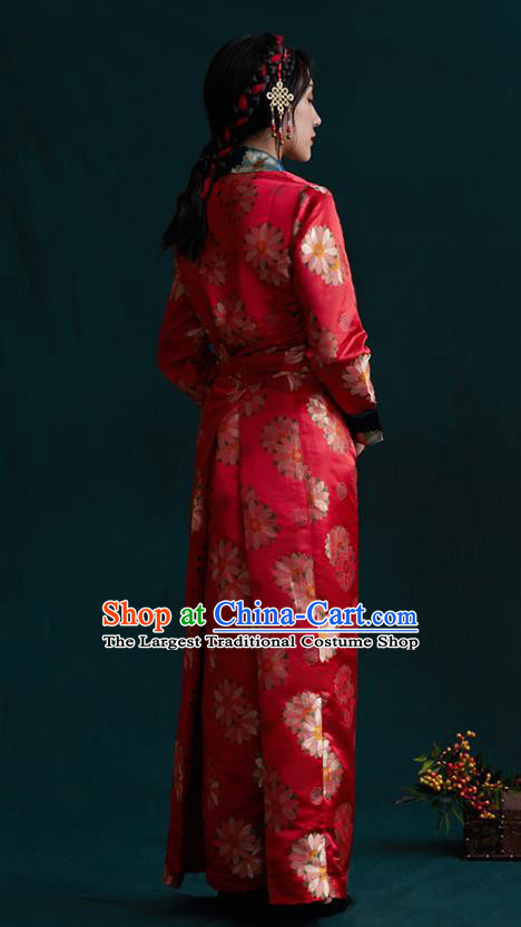 China Tibetan Ethnic Woman Folk Dance Clothing Zang Nationality Red Brocade Bola Dress