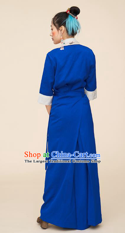 China Zang Nationality Blue Bola Dress Tibetan Ethnic Woman Folk Dance Clothing
