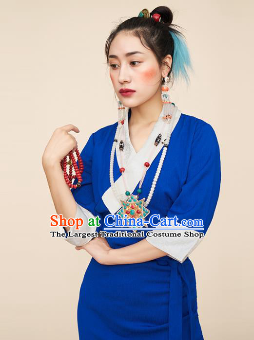 China Zang Nationality Blue Bola Dress Tibetan Ethnic Woman Folk Dance Clothing