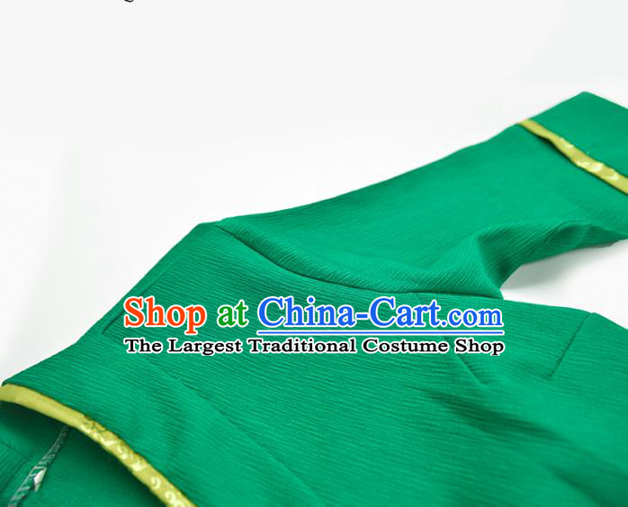 China Zang Nationality Folk Dance Green Bola Dress Tibetan Ethnic Woman Clothing