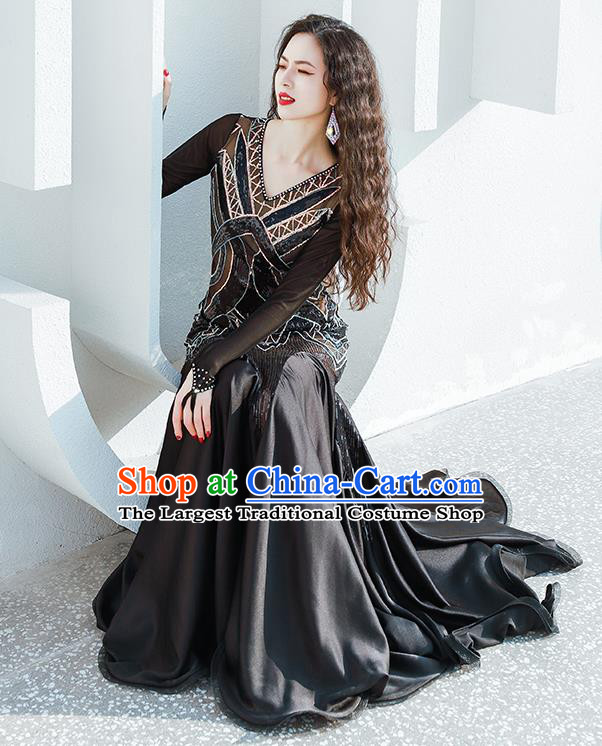 India Traditional Belly Dance Clothing Asian Oriental Dance Black Fishtail Dress