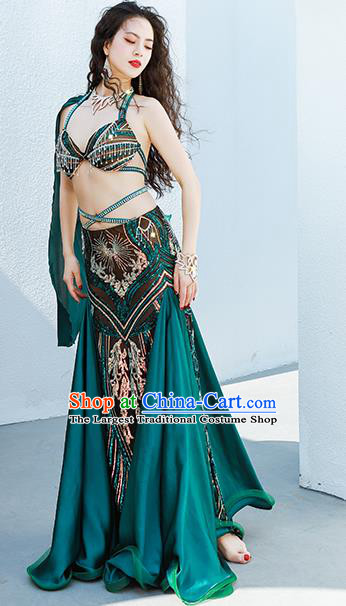 Traditional Oriental Dance Group Dance Clothing Asian Indian Belly Dance Luxury Outfits Bra and Green Skirt