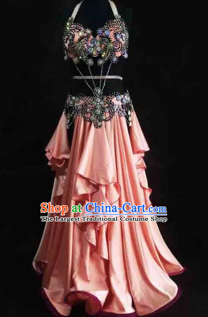 Indian Belly Dance Competition Outfits Traditional Asian Oriental Dance Stage Performance Clothing Bra and Pink Skirt