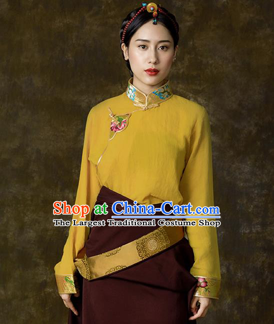 Chinese Tibetan Ethnic Yellow Blouse Zang Nationality Embroidered Shirt Clothing