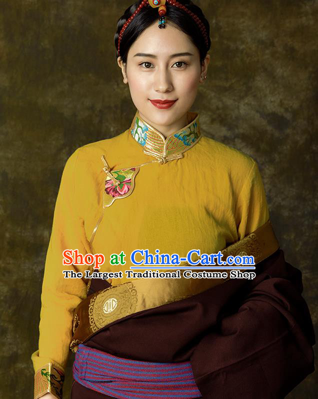 Chinese Tibetan Ethnic Yellow Blouse Zang Nationality Embroidered Shirt Clothing
