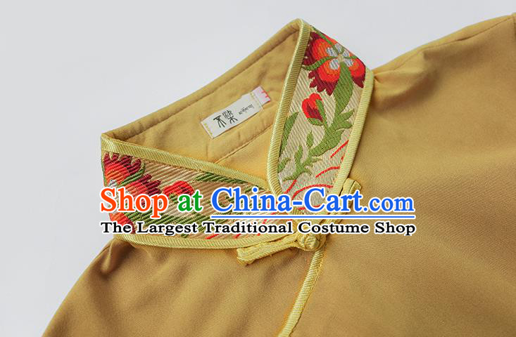 Chinese Tibetan Ethnic Yellow Blouse Zang Nationality Embroidered Shirt Clothing