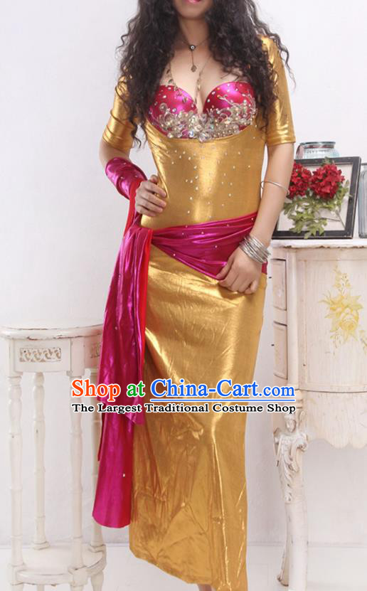 India Traditional Belly Dance Clothing Asian Oriental Dance Performance Rosy Bra and Golden Robe Outfits