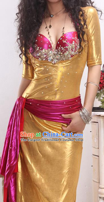 India Traditional Belly Dance Clothing Asian Oriental Dance Performance Rosy Bra and Golden Robe Outfits